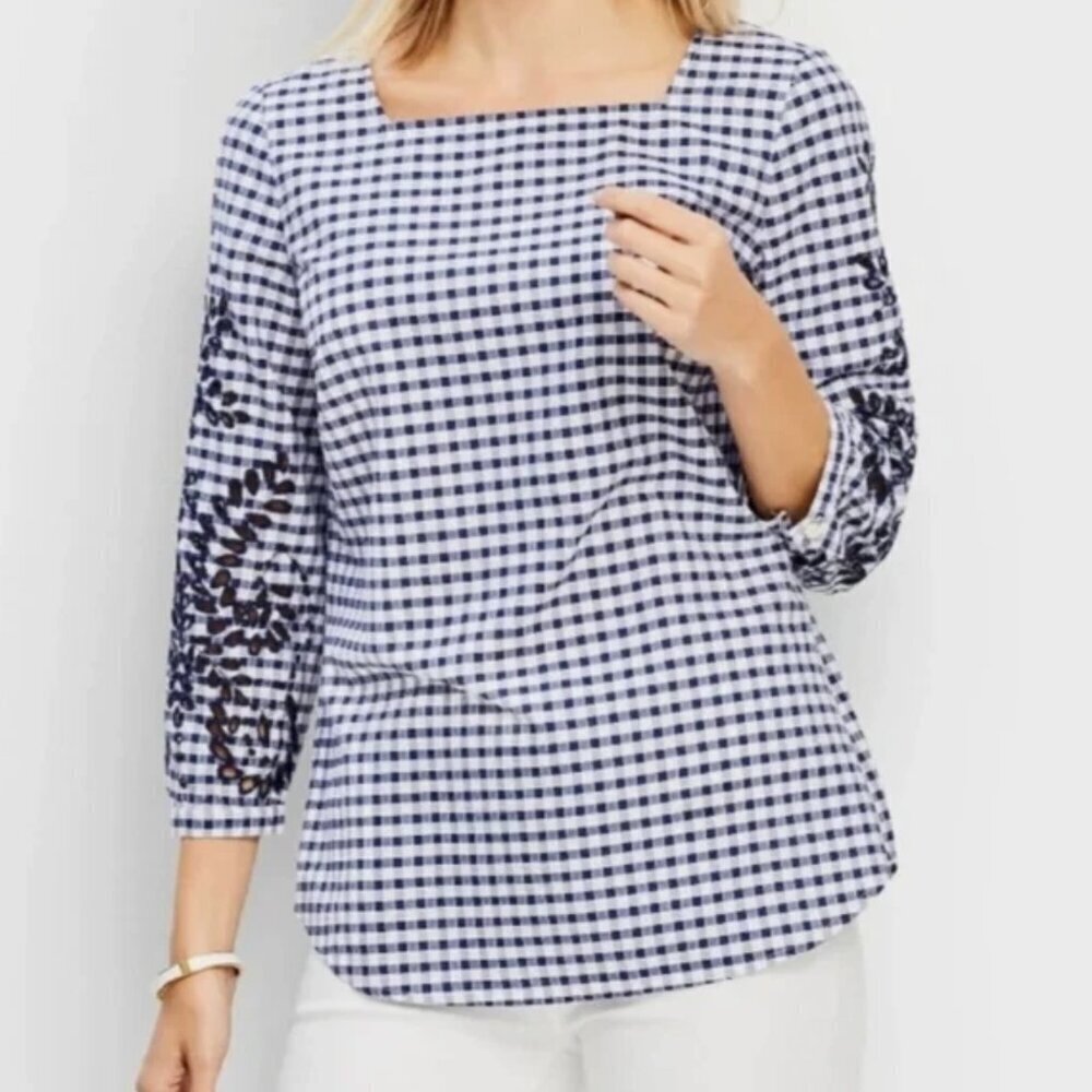Talbots Navy Gingham Eyelet Trim Blouse Size XL Petite Square Neck 3/4 Sleeves